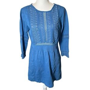 Free People Little Wings Lace Tunic‎ Dress Blue Linen Blend Bohemian Size Medium